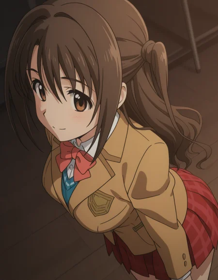 official style,
Shimamura Uzuki,brown eyes,brown hair,long hair,one side up,school uniform,red bowtie,brown blazer,red plaid skirt,
smile,(solo),
Classroom,
(anime screencap), 2d cel anime,anime cap,anime,anime style,anime cel,cell shaded,soft brightness,perfect face,perfect nose, perfect hair, perfect eyes,perfect female body,perfect skin,a face of perfect proportion,perfect lighting,perfect anatomy,perfect proportion,perfect hands,perfect legs,perfect fingers,masterpiece,hair between eyes,
big breasts,
perky breasts,best quality,very aesthetic,absurdres,16k,intricate detail,amazing quality,(bold:3.12),thick outline,black outline,harsh lines,soft lines,deluster,boldline,curvy,(anime coloring:1.2), slim,
looking at viewer,,(hat:-1),(from above:2.5),(from side:2.5),
super fine illustration,detailed linework,vibrant colors,kawaii,flat color, <lora:THE_IDOLMSTER_ã·ã³ãã¬ã©ã¬ã¼ã«ãºå³¶æå¯æã¢ãã¡é¢¨illustriousTHE_IDOLMSTER_CINDERELLA_GIRLSShimamura_UzukiAnime_Styleillustrious:1:0.8>