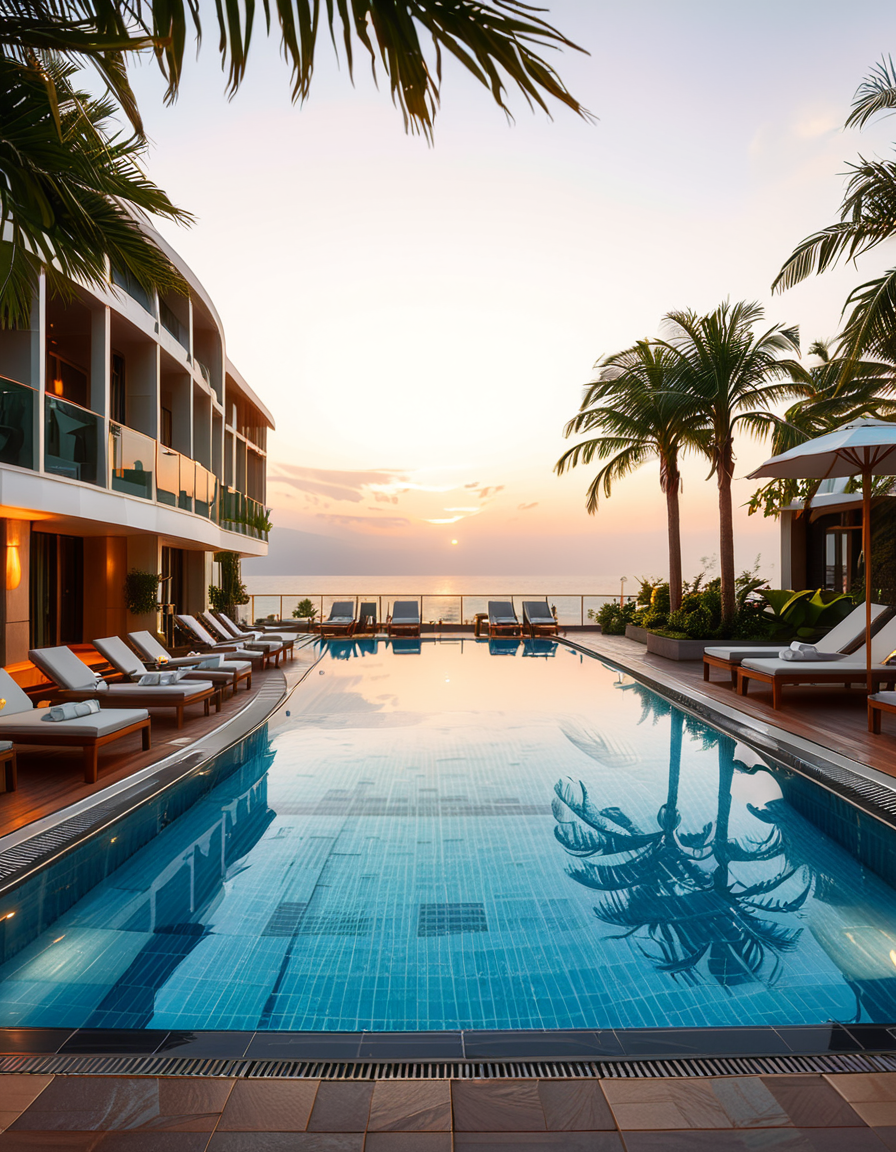 A luxurious hotel swimming pool at sunset, surrounded by elegant lounge chairs and palm trees. The crystal-clear water reflects the warm hues of the sky, creating a serene and inviting atmosphere. The pool has an infinity edge overlooking a breathtaking ocean view, with soft ambient lighting enhancing the tranquil mood. The surrounding area is immaculately maintained, with neatly arranged sunbeds, stylish umbrellas, and a sleek modern poolside bar in the background. The scene is captured in ultra-high resolution, with photorealistic details emphasizing the shimmering water, the textures of the pool tiles, and the gentle movement of palm leaves in the evening breeze.
<lora:SDXLFaeTastic2400:0.4> <lora:extremely_detailed:0.4> extremely detailed, <lora:hotel_sw1mm1ng_p00l:1>,hotel sw1mm1ng p00l, Masterpiece,best quality,hi res,8k,hi res,8k,award winning,(sharp focus, intricate, highly detailed),