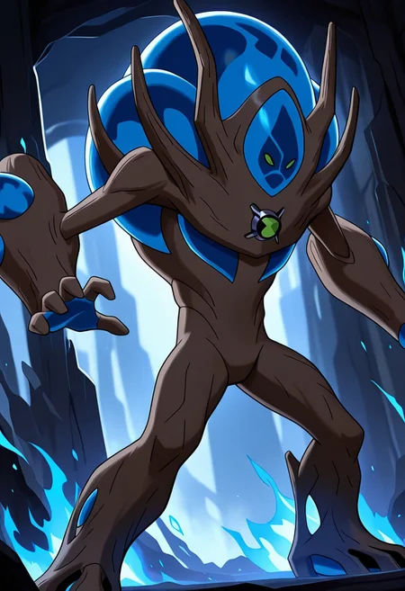masterpiece, best quality, amazing quality, very aesthetic, absurdres, newest,
,ultswam, standing, pokemon (creature), solo, green eyes, monster, brown skin, alien, massive arms, no humans, 
firebending, blue fire, blue flames, shooting fire, pose,