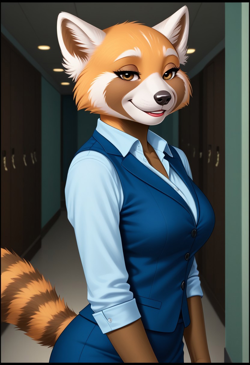 (detailed texture, digital artwork, improved quality, soft shading, cartoon, cinematic, black borders:1.2), ((hallway, office)), (((solo, upper body))), ((orange-brown fur, textured fur, anthro red panda, female, Retsuko_(Aggretsuko):1.0)), ((snout, ears, tail, claws, black eyes, eyelashes)), ((blue businesswoman outfit:1.2)), ((smile, half-closed eyes, posing, looking at viewer)),