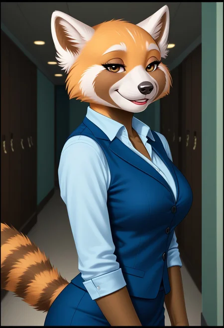 (detailed texture, digital artwork, improved quality, soft shading, cartoon, cinematic, black borders:1.2), ((hallway, office)), (((solo, upper body))), ((orange-brown fur, textured fur, anthro red panda, female, Retsuko_(Aggretsuko):1.0)), ((snout, ears, tail, claws, black eyes, eyelashes)), ((blue businesswoman outfit:1.2)), ((smile, half-closed eyes, posing, looking at viewer)),