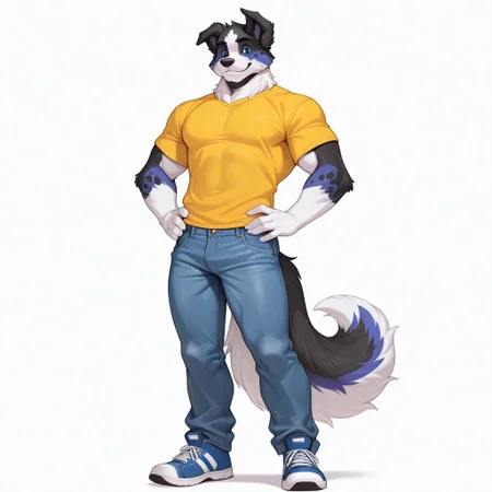 solo, 1boy, anthro, dog boy, border collie, black fur, blue fur, white fur, multicolored fur, blue eyes, dog ears, dog tail, fluffy tail, looking at viewer, muscular body, standing, yellow t-shirt, denim pants, blue sneakers, hands on hips, smiling, white background,