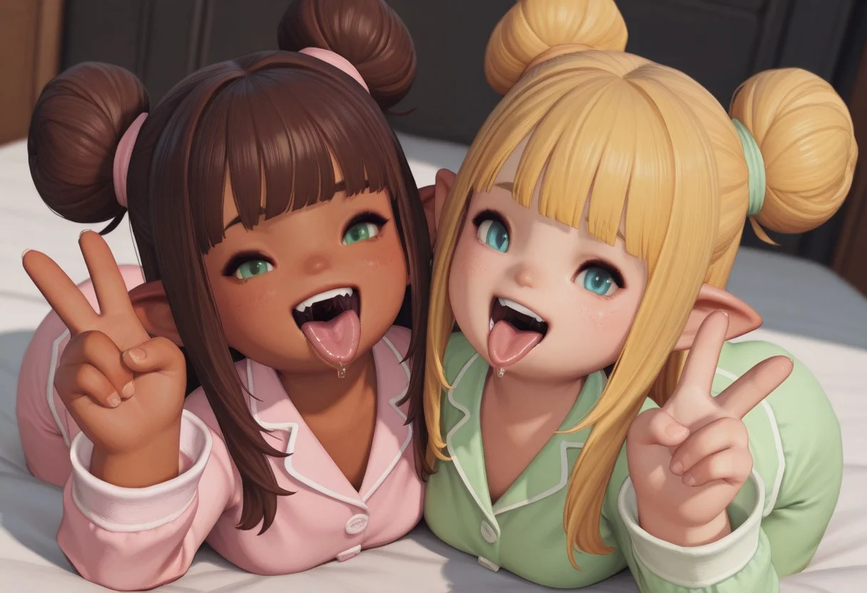 UHD, HD, masterpiece, best quality, absurdres, highres, high quality, highly detailed, official art, gloss_(hotglossed), Hoovesart, pixelsketcher, 3d, photorealistic, lalafell, pointy ears, shortstack,
shortstack,Open mouth multiple girls, 2girls, tongue out, v, looking at viewer, open mouth,saliva, twins, bangs, smile, dynamic angle, dynamic pose,v,uvula,
BREAK
Dark skin, bun, blue eyes,Brown hair,pajamas
BREAK
fair skin,no bun, long hair, bangs, green eyes,Yellow hair,pajamas