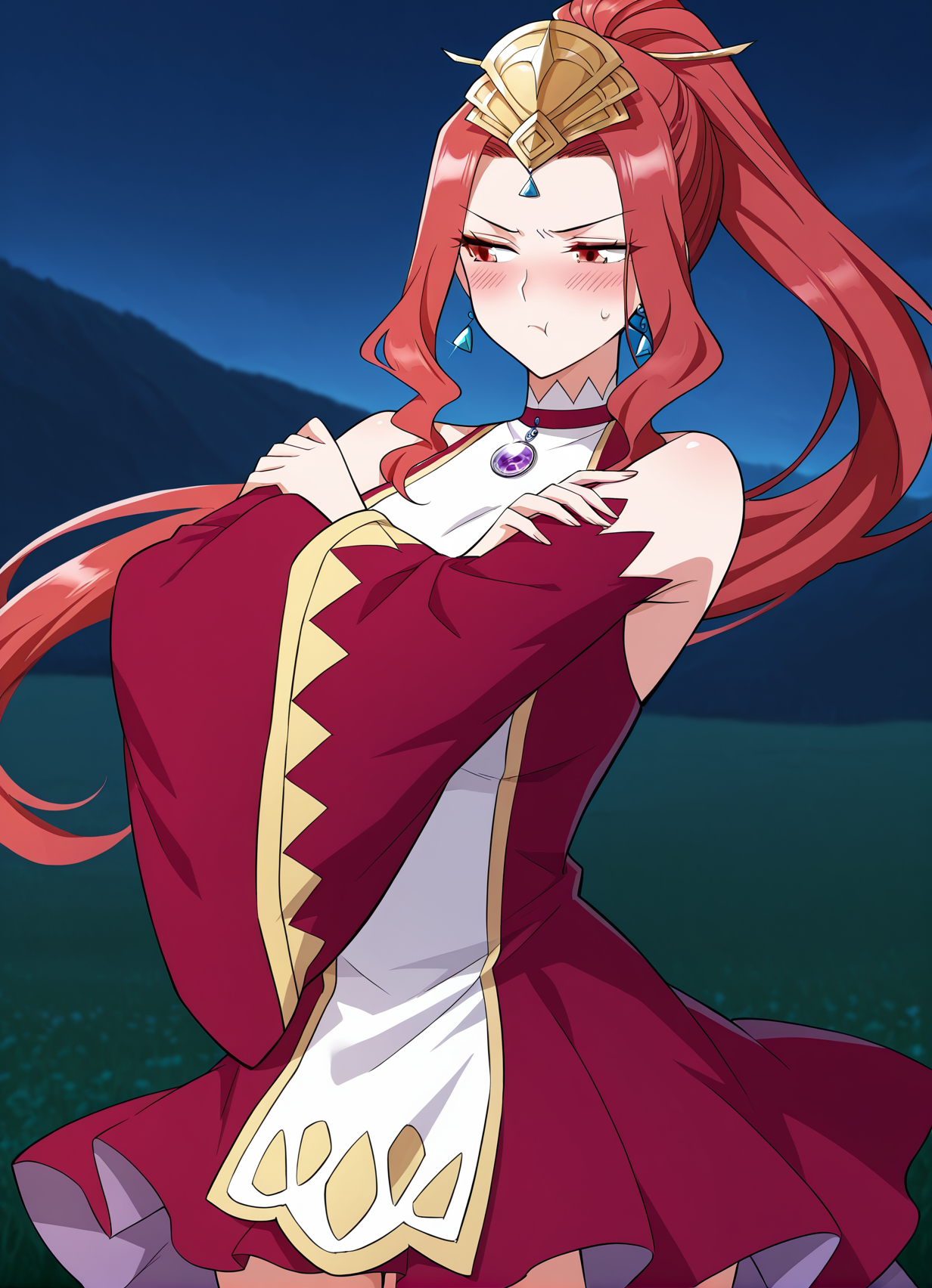<lora:Cao_Ying__Battle_Through_the_Heavens__Illustrious:1>
1girl, solo, red eyes, sharp eyes, long hair, high ponytail, red hair, ahoge, hair ribbon, hair ornament, wavy hair, sidelocks, anime style, 
fantasy outfit, ornate dress, sleeveless dress, off shoulder, high collar, flared sleeves, asymmetrical skirt, short dress, wide sleeves, detached sleeves, red sleeves, red thighhighs, thigh boots, red boots, fantasy outfit, ornate dress, gemstone necklace, tiara,forehead jewel, earrings, elegant, royal, fantasy girl, 
score_9, score_8_up, score_7_up, very aesthetic, source_anime, detailed, high quality, beautiful, masterpiece, detailed eyes, field, blurry background, pose dynamic angle, upper body, cowboy shot, floating hair, half-closed eyes, arms crossed, looking to the side, pouting, sulking, embarrassed, night