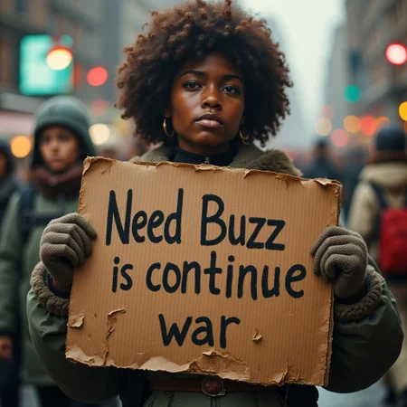 TanyaDegurechaff holding a sign that has the words "Need Buzz to continue war" burned into it