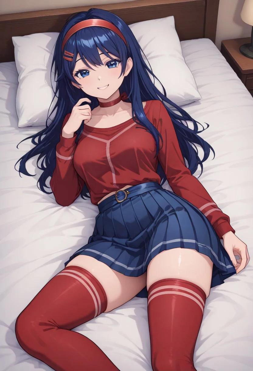 (kindmita:1.2),1girl, solo, hair ornament, red choker, red shirt, red hairband, blue_eyes, red thighhighs,blue hair,blue skirt,long hair, horny, smiling, looking at viewer, laying in bed, calling to him.