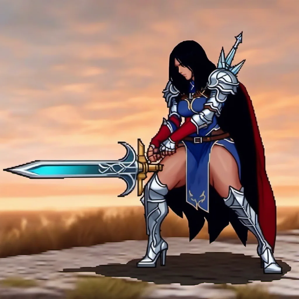 8K Masterpiece Medieval armored knights with medieval fantasy weaponry, fighting game a sexy female knight with long hair wearing armor and a black cloak <lora:sf3-style:1> (sf3 style), gameplay, insanely gorgeous graphics, breathtaking visuals, superbly high quality ultra detailed street fighter sprites, extremely detailed eyes and facial features , wide shot,  full body view