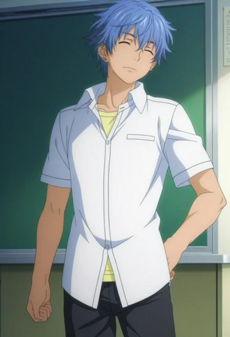 Anime, anime screencap, anime coloring, official art, ((1male only, 1boy only, male focus, one male character only, single male character only, single illustration only)), bishonen, handsome, attractive, cute, sexy, good-looking, tall body, tall height, lean figure, toned fit body, slim, Pierce Aogami, blue hair, closed eyes, ear piercings, white collared shirt, yellow undershirt, untucked shirt, short sleeves, black pants, cowboy shot, head to hips shot, classroom