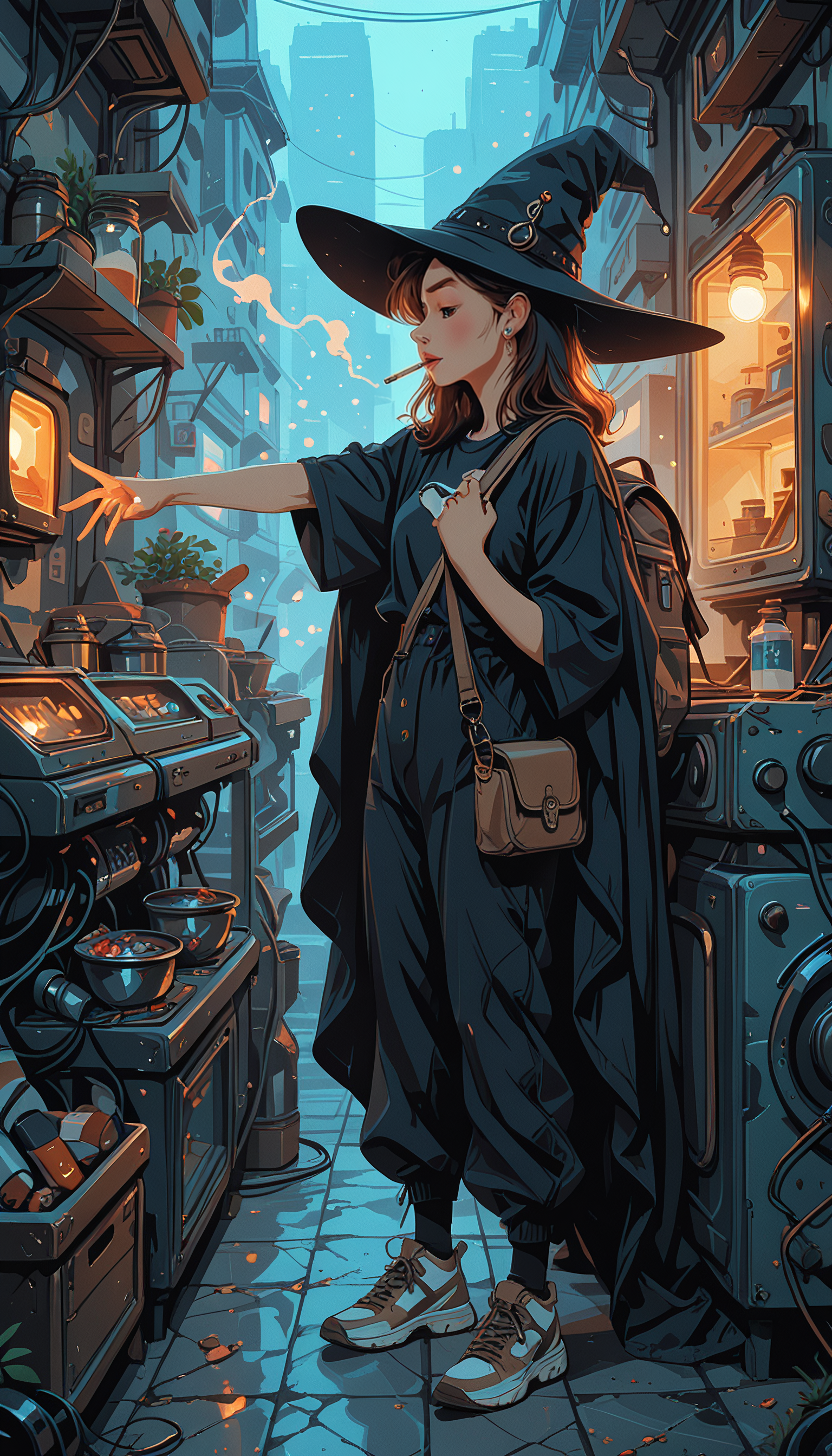 masterpiece, Shinkaistyle,
pinkretroanime, retro art,
Cyberpunk Style, cyberpunk, science fiction, hi tech, future tech, neon, (Cybernetics:1.25), (Neon Cityscape:1.4), (lineless:1.5), smooth edges, (lighten the face:1.5), tall body, slender body, fit body, long legs, In this illustration, a scene unfolds in a well-stocked convenience store. The central figure is a young woman, dressed in a witch costume complete with a pointed hat and flowing cape, who stands out against the everyday items of the store. She is reaching for a product on a shelf with her left hand, displaying an air of curiosity or interest. The witch's attire contrasts with the mundane surroundings, suggesting she might be seeking something unusual or perhaps preparing for a Halloween celebration. Her pose suggests movement, possibly leaning slightly forward in her search. The store itself is filled with various items typical to such settings. On the right side of the image, there's an array of products including snack foods and drinks, some of which are within the witch's reach. The lighting inside the store casts a warm glow on the scene, illuminating the items and creating soft shadows that add depth to the image. The background features a well-lit window displaying an assortment of products, possibly indicating that it is daytime outside. The overall atmosphere is one of casual browsing, with the witch's presence adding a touch of whimsy to the everyday scene., 1girl, solo, long hair, breasts, blush, smile, open mouth, bangs, brown hair, shirt, black hair, hat, dress, holding, jewelry, standing, full body, closed eyes, short sleeves, sidelocks, earrings, outdoors, food, shoes, pants, indoors, hand up, wide sleeves, medium hair, bag, black dress, arm up, from side, black shirt, dutch angle, window, black headwear, profile, leaning forward, witch hat, night, shadow, glowing, leaf, mouth hold, brown footwear, black pants, piercing, cat, white footwear, ring, backpack, bottle, grass, plant, outstretched arm, towel, t-shirt, sneakers, box, ear piercing, steam, scenery, bandaid, cross-laced footwear, floating, smoke, ghost, cigarette, outstretched hand, shoulder bag, stairs, fantasy, can, door, smoking, basket, tiles, drinking, witch, wedding ring, magic, stud earrings, potted plant, hair behind ear, cable, food in mouth, transparent, open hand, tile floor, leggings, grey footwear, wide shot, bread, water bottle, shelf, tape, reaching, floating object, tile wall, jar, fisheye, shop, open door, tight pants, flask, holding basket, ceiling light, industrial pipe, refrigerator, milk carton, air conditioner, black leggings, laundry, groceries, loaded interior