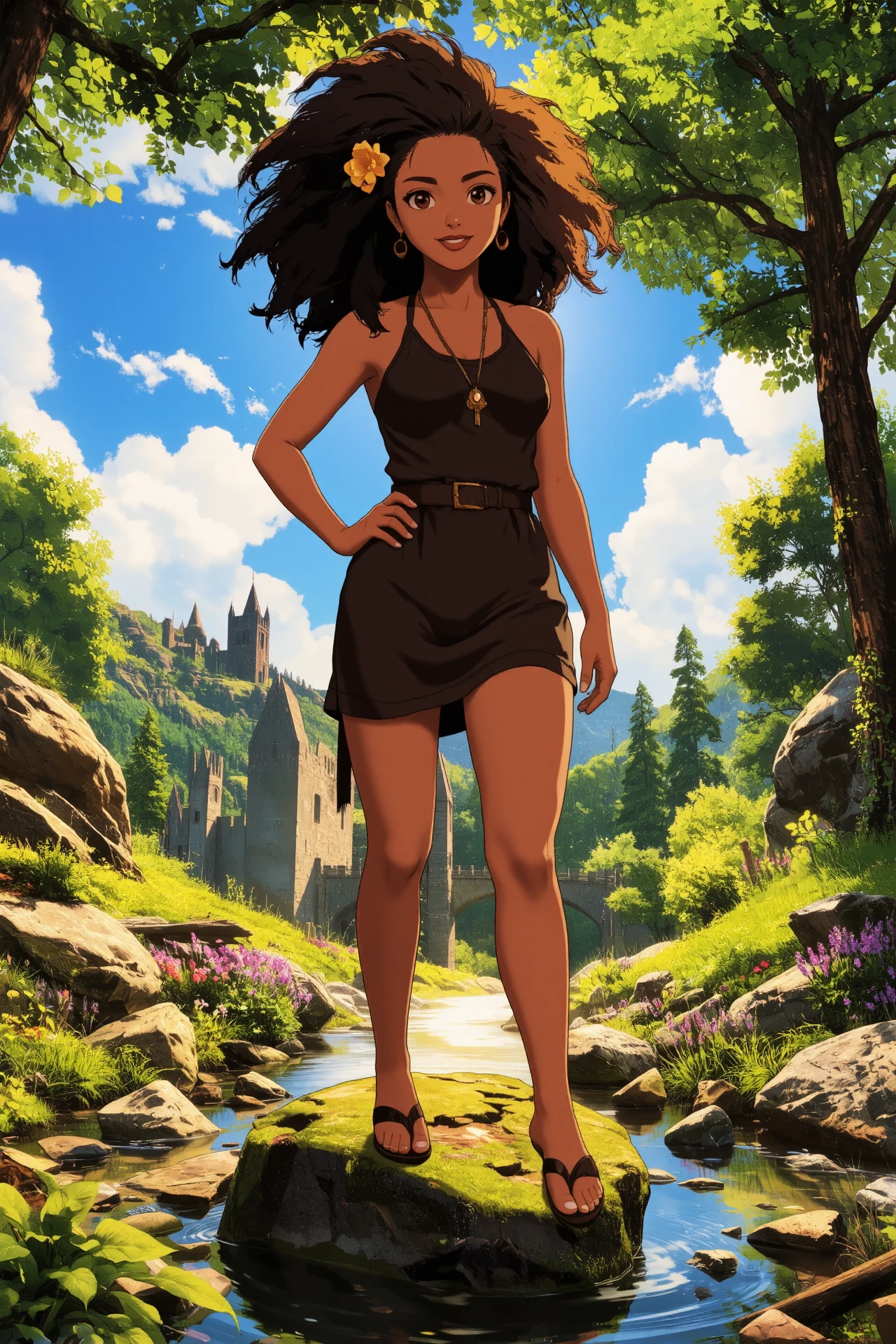 Mozambican blowout black hair (young woman), (druid:1.2), anime, illustration, (extremely detailed), (portrait), (standing:1.2), (happy smile), flower in hair, glossy lipstick, celtic necklace, huggie earrings, loincloth, (sandals),  Sepia Brown (druid short dress), (legs), heels, (sharp focus),  fantasy, (beautiful celtic landscape:0.9), (small rock:0.9), (moss:0.4), (ripples, reflections:0.8), celtic  castle, (small river small pond:0.5), druid forest, (druid village:1.2), (stunning nature environment:0.8), (enchanted land:0.5), clovers, (Chocolate Brown flowers:0.9), leaves,bright (sunny sky), (sunset:0.3), best quality, colorful, wet floor, raytracing, hdr, high contrast, ethereal natural lights, backlight, (lens flare:0.4), shadows, (vibrant colors, colorful):0.6, pretty, beautiful, happy, smiling, feminine, sexy, lovely, in love, adorable, fashion,  <lora:Hand v2:1> <lora:Anti-Blur:1> <lora:RetroAnimeFluxV1:0.4> <lora:Luminous_Shadowscape:0.4>  <lora:SujatmikoArafuru_Flux:0.2> Suzume style