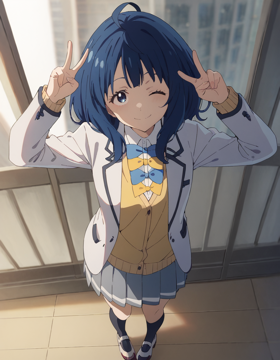 score_9, score_8_up, score_7_up, source_anime, BREAK
1girl, solo, looking at viewer, indoors, windows, v-pose, one eye closed, light smile, full body,
anna yanami, blue hair, medium hair, ahoge, blue eyes,
winter school uniform, white blazer, white collared shirt, long sleeves, sleeves past wrist, blue bow, yellow bow, yellow vest, grey pleated skirt, blue kneehighs, white footwear, from above,
<lora:anna_yanami_anime_v3-soralz:1>,