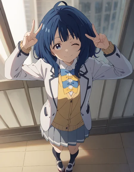 score_9, score_8_up, score_7_up, source_anime, BREAK
1girl, solo, looking at viewer, indoors, windows, v-pose, one eye closed, light smile, full body,
anna yanami, blue hair, medium hair, ahoge, blue eyes,
winter school uniform, white blazer, white collared shirt, long sleeves, sleeves past wrist, blue bow, yellow bow, yellow vest, grey pleated skirt, blue kneehighs, white footwear, from above,
<lora:anna_yanami_anime_v3-soralz:1>,