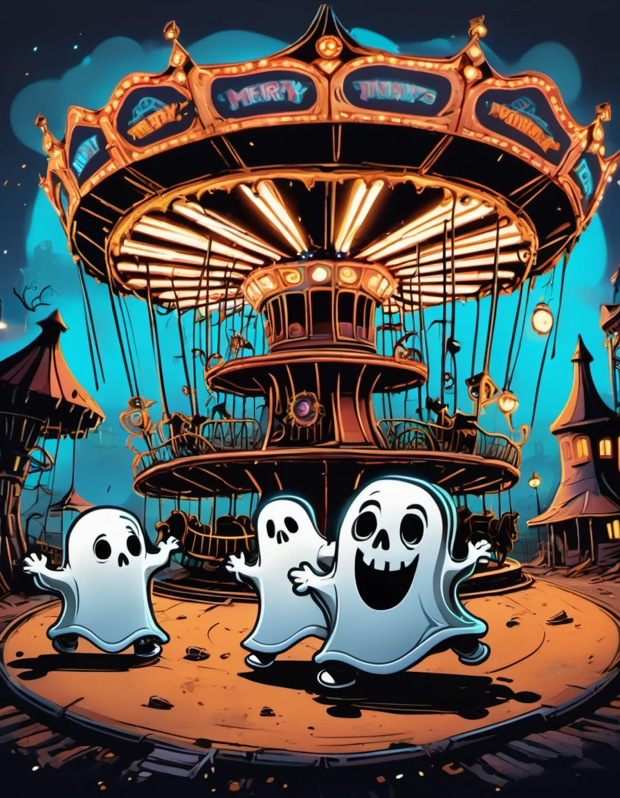 breathtaking vector cartoon illustration of spooky ghosts, wandering on the ground, in front of a beautiful merry-go-round with majestic lights in a middle of abandoned post-apocalyptic theme park, ruined toys|train|fairy wheels|roller coaster, in the background, eerie nighttime, wide angle <lora:Vector cartoon illustration-000008:1>