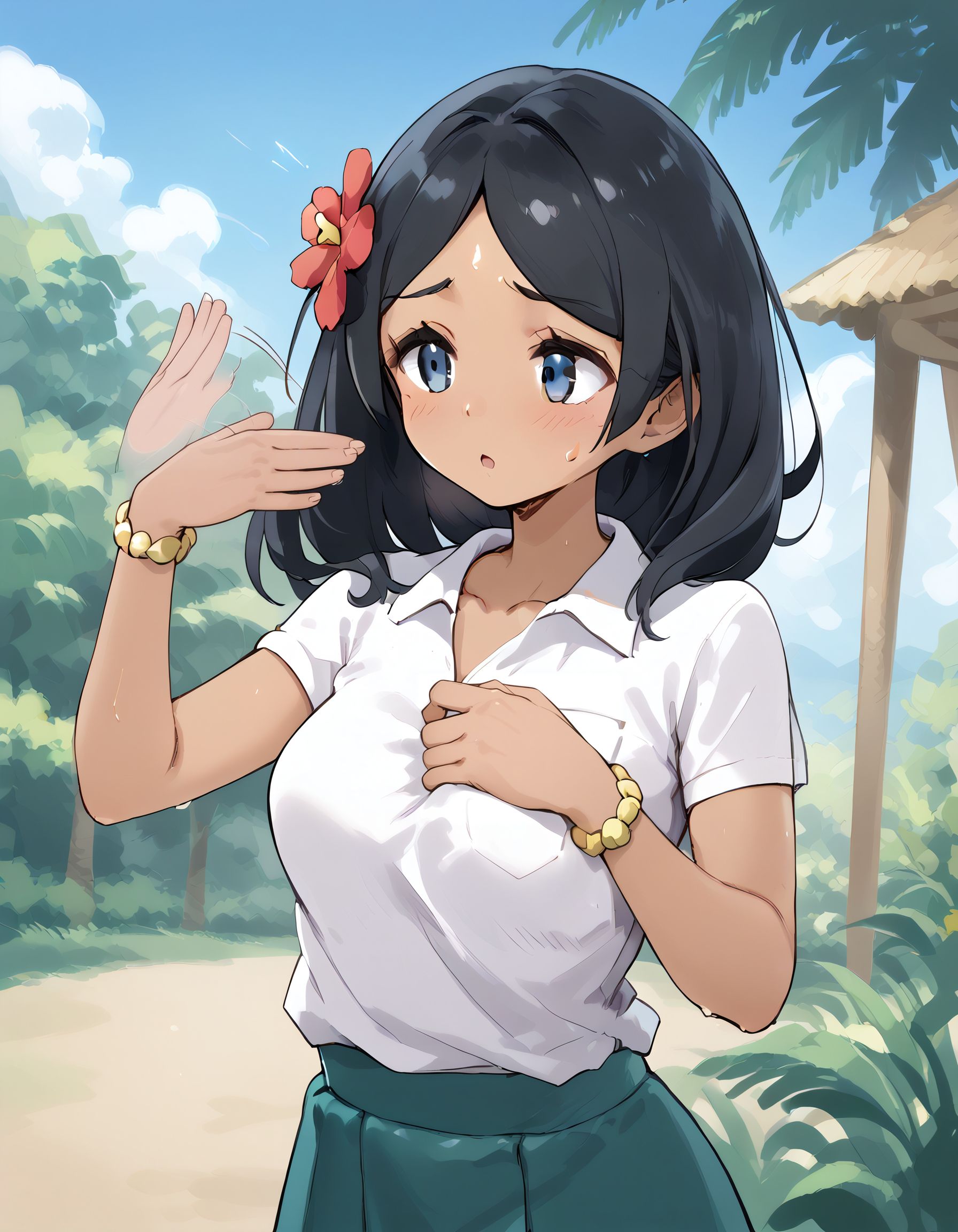 score_9, score_8_up, score_7_up, score_6_up, BREAK source_anime, best quality, masterpiece
1girl,dark body,<lora:lass smPonyXL:0.8>,lass sm,hair flower,bracelet,white shirt,skirt,upper body,blue sky,sunlight,sunbeam,<lora:fanningself_Pony_v1:0.7>,fanning self,fanning face,hand up,motion lines,sweatdrop,sweat