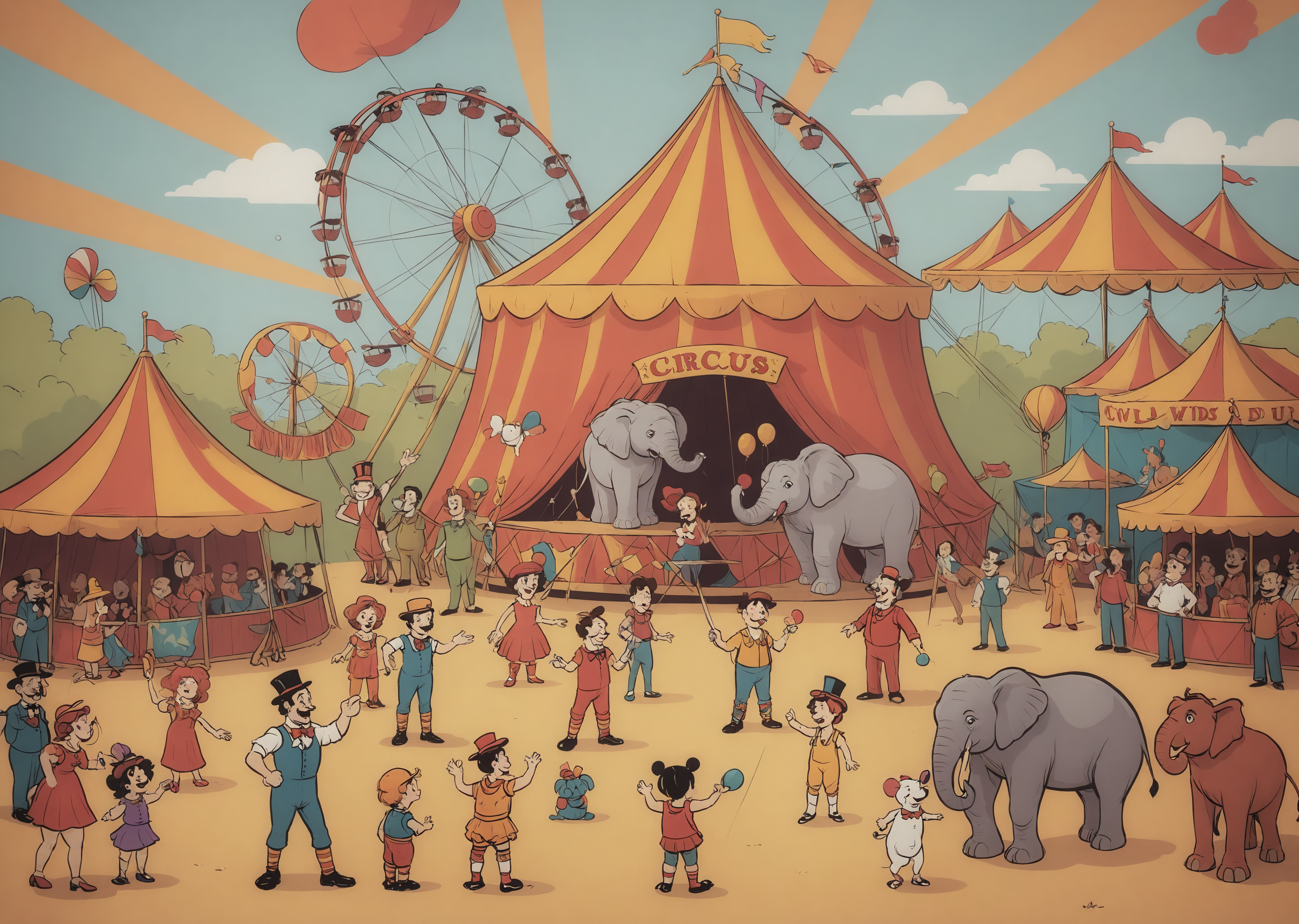 a day in the life of the circus vivid colors, flat colors    <lora:extremely_detailed:-1> <lora:Cartoon_SDXL_V2-fixed:0.8>cartoon