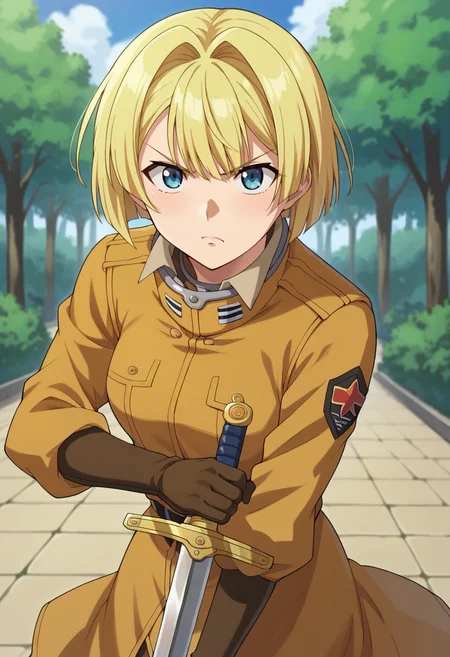 score_9,score_8_up,score_7_up,anime coloring BREAK source_anime,anime,<lora:Alice_L._Malvin_ã¢ãªã¹Lãã«ã´ã£ã³__Pumpkin_Scissors__PonyXL:0.8>,alicelmalvin,1girl,blonde hair,gloves,uniform,blue eyes,short hair,military uniform,military,arms_up,sword,holding sword,holding weapon,glaring,looking_at_viewer,outdoors,