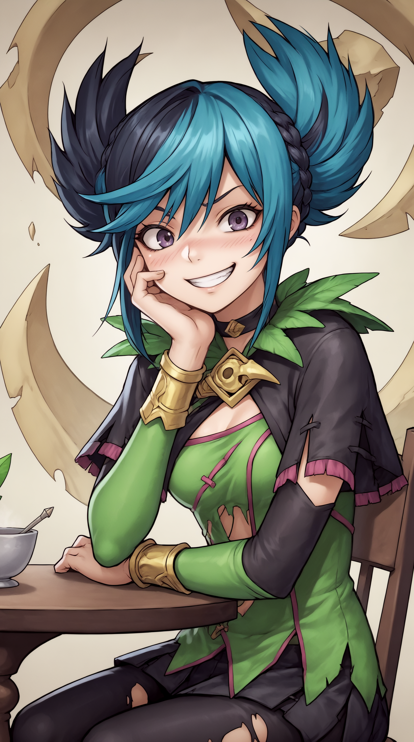 score_9, score_8_up, score_7_up,anime_source, source_anime, best background, detailed background, anime screencap, 4k, upscaled,  Tira, Main Outfit, solo, looking at viewer, blush, grin, sitting, table, chair, hand on chin,   <lora:JN_Tira_Pony:0.8>