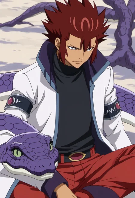 score_9, score_8_up, score_7_up, source_anime, rating_safe, ErikFT, 1boy, male focus, anime screencap, black Erik turtleneck, white-purple Erik coat, purple Erik snake, red Erik pants, purple Erik snake, black-red Erik armlet, sitting