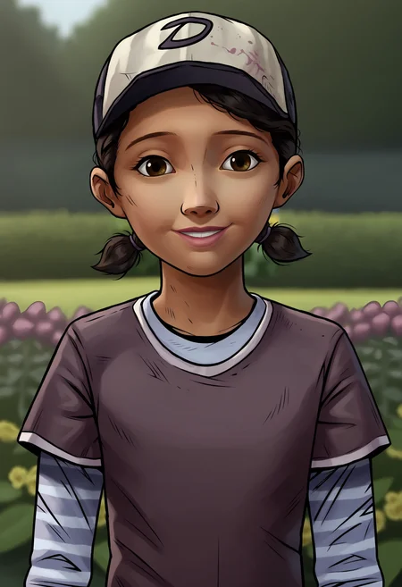 1girl, <lora:ClementineS2:0.85> black hair, short twintails, brown eyes, dark skin, shirt, layered sleeves, short over long sleeves, long sleeves, pants, hat, baseball cap, upper body, lips, smile, looking at viewer,
(garden background), flowers, blurry background,