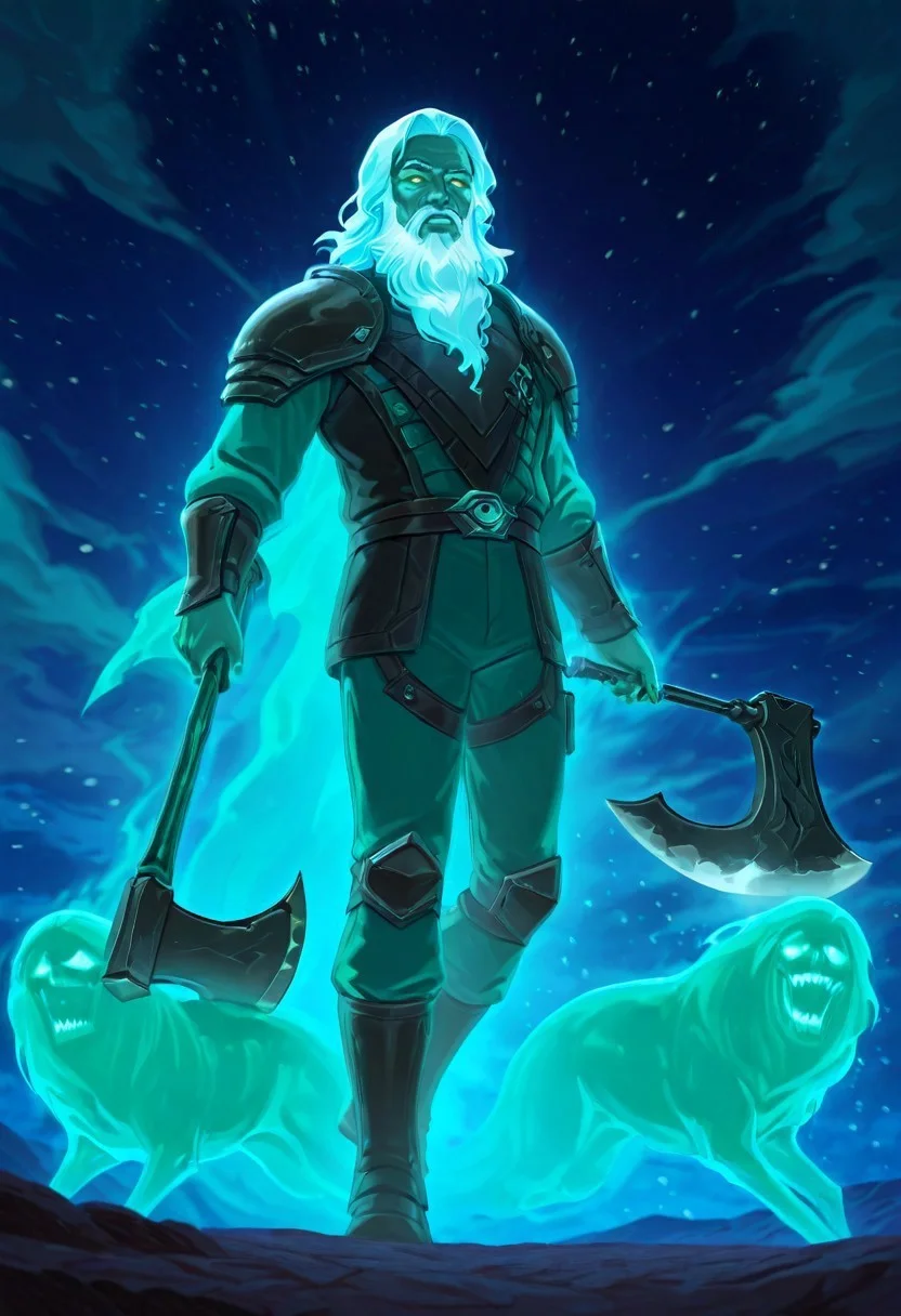 safe_pos, masterpiece, best quality, newest, absurdres, highres, anime, anime style, 1boy, Ghost-SFW/NSFW-IL.V1.0, ghost, holding weapon, axe, holding axe, beard, male focus,