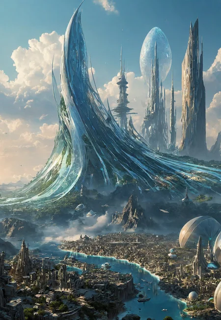 Roger Dean-inspired creative scene of an extraterrestrial civilization. At the center of the image stands a magnificent and awe-inspiring alien city rising from an endless expanse of interstellar ocean, seemingly transcending Earth's architectural artistry.
The city is composed of transparent crystal and metals that shimmer with various colors of light. They intertwine and cross, forming a complex and intricate network structure. The appearance of the city presents a unique style where fluidity and static beauty coexist, resembling a living piece of art, with each wall continuously changing its shape and color, displaying endless vitality.
A part of the city floats in mid-air, supported by delicate energy fibers that sway gently with the wind, emitting soft and pleasing sounds. From here, one can clearly see that the interior of the city is filled with lush botanical gardens and crystal-clear bodies of water, perfectly integrated into their surrounding environment, adding a touch of vitality to this alien civilization's home.
(8k uhd:1,4)
<lora:add-detail-xl:1>
<lora:Dynamic Poses:1>