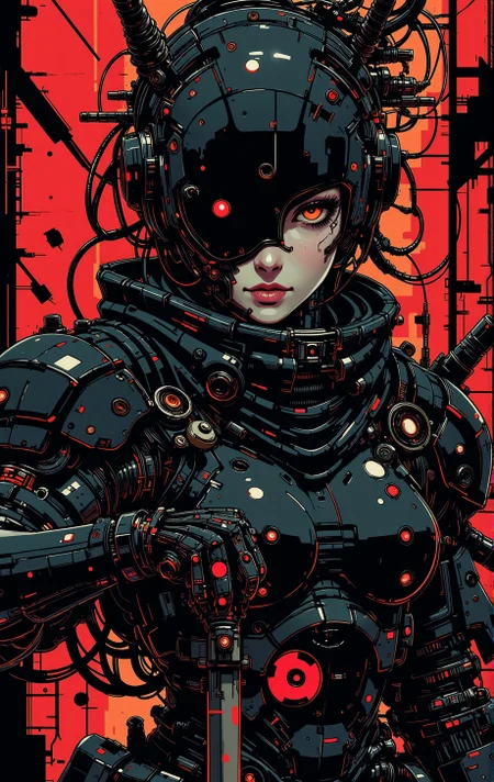 in the style of cknc, close-up shot of a dressed in futuristic hard surfaced dark sci-fi, slightly oval cross section look, battle scratched armor, a kimono, mysterious white skin mexican wabi-sabi mercenary battle droid humanoid woman with a lot of mechanical parts looking at the viewer, wielding a combat knife, 1800'S, - Bosmer hybrid, Scribe, equirectangular 360, Flirty expression, Romantic, whimsical, Fast Shutter Speed, Lomography Color 100, red and black palette,
highly detailed Mayhem style , background bizarre techno ghetto transmission, style minimalist, conceptual art posing Japanese, conceptual, illustration, cinematic, photo epic action, cinematic, award winning artwork, many details, patterned illumination, bad VHS tape image artifacts,
anime style, key visual, vibrant, studio anime, nistyle
<lora:ck-nc-pastel-cyberpunk:0.80> <lora:ck-Ivan-Beslic-Art-Style-000019:0.2> <lora:ck-MetalGearSolid-000019:0.40> <lora:m100-style_v.02:0.3> <lora:test2:0.65>