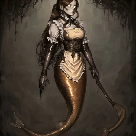<lora:arielp:1.0>,
(arielpstyle:1.0), dark, horror, creepy, creepy-looking, painting, lovecraftian,
<lora:mermaid-1_mermaid-2--mermaid-3_mermaid-4--retro_ham_avas_jun_rifl--09-01:1>, (mermaid:1.0), mermaid tail, full body, 1girl, apron, breasts, brown eyes, brown hair, highres, long hair, ponytail, solo, waitress