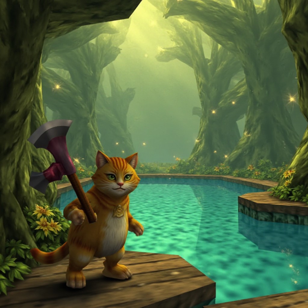 a cat wielding an axe in a magical forest with a lake, and platforms