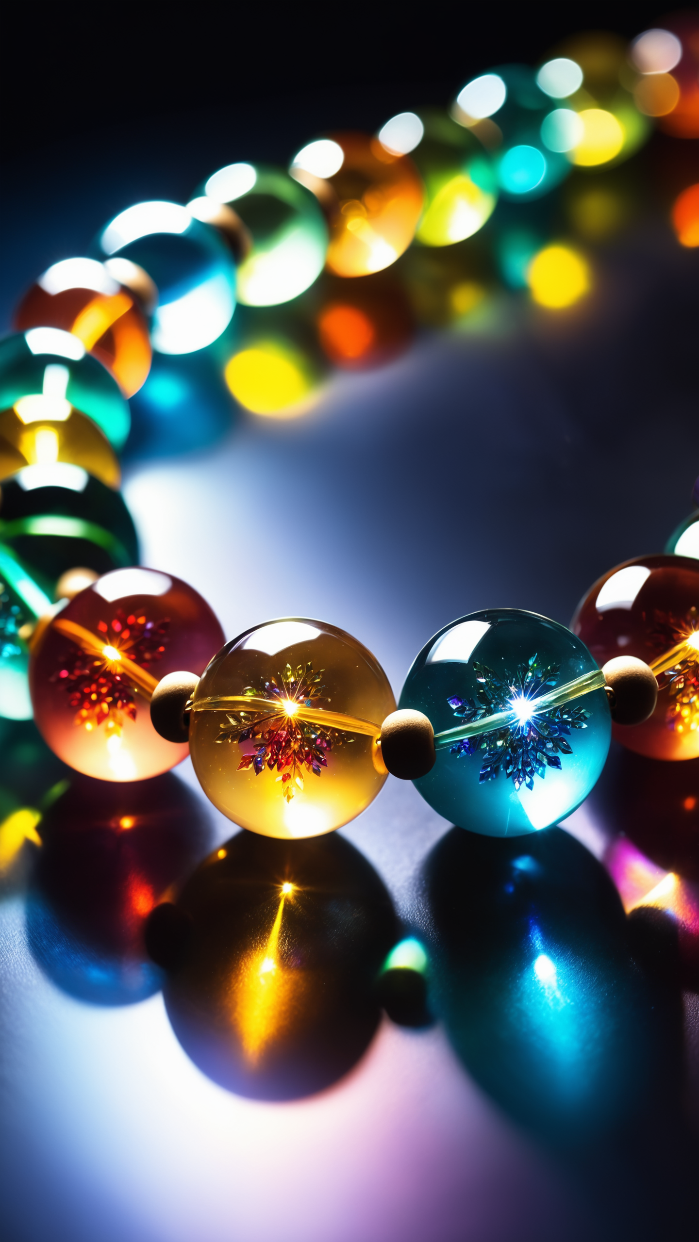 macro photo, sparkling magical fantasy magical necklace, made out of transparent multicolored glass beads, light shines through, magical artifact, very detailed, amazing quality, intricate, cinematic light, highly detail, beautiful, surreal, dramatic, warm colors