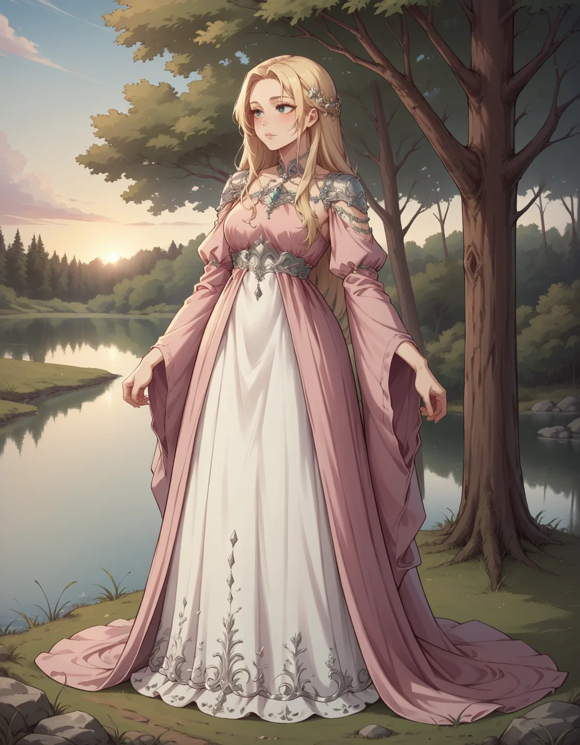 score_9, score_8_up, score_7_up, score_6_up, source_anime, romantic style (full body photo:1.3), adult woman, standing, HUD_spr_armr, hair decoration, long green (chiffon dress), long sleeves, jewelry, intricate engraved metal neckpiece, shoulder piece, jeweled belt, breastplate, long sleeves, <lora:nature_princess_xlp-000008:0.7>, (long blonde hair:1.1), 4k, sunset in the distance, setting with trees and a lake