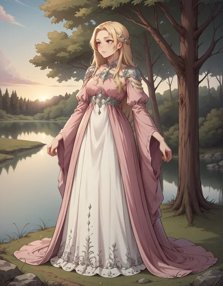 score_9, score_8_up, score_7_up, score_6_up, source_anime, romantic style (full body photo:1.3), adult woman, standing, HUD_spr_armr, hair decoration, long green (chiffon dress), long sleeves, jewelry, intricate engraved metal neckpiece, shoulder piece, jeweled belt, breastplate, long sleeves, <lora:nature_princess_xlp-000008:0.7>, (long blonde hair:1.1), 4k, sunset in the distance, setting with trees and a lake