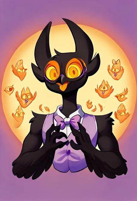 Barnaby, 1boy, yellow eyes, orange sclera, black body, long neck, feathers, bird feet, winged arms, bird tail, black beak, purple vest, sleeveless, purple bowtie, orange tongue, avian, furry, anthro, ghost, owl, spirit, digitigrade, no humans, perfect anatomy, solo, (insanely detailed, beautiful detailed face, masterpiece, cinematic lighting, detailed hands, detailed face, best quality), (sharp), score_9_up, score_8_up, score_7_up, score_6_up, highest quality, 8K, RAW photo, source_anime, perfect face, perfect hands, upper body, diives