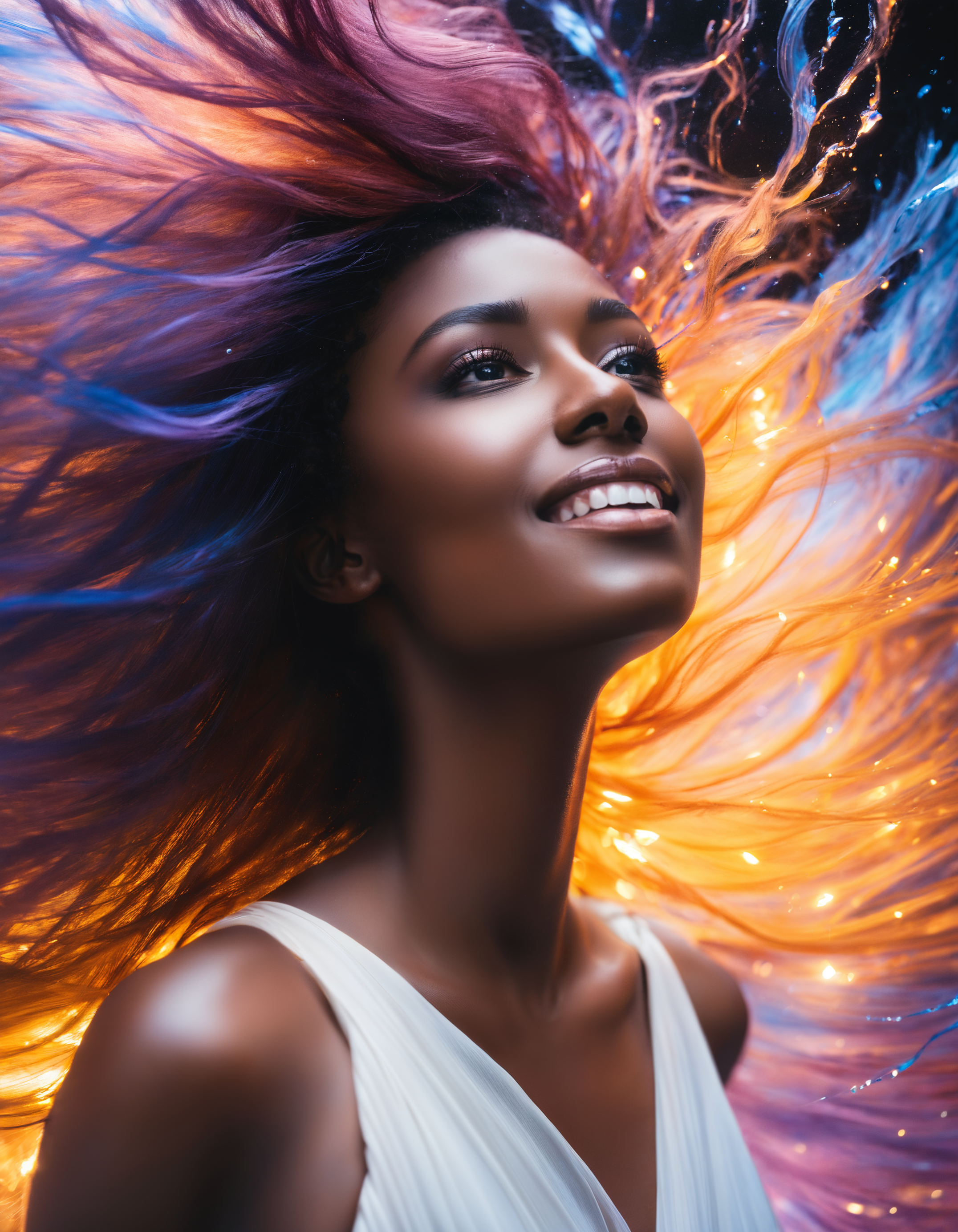 a perfect dark skin girl flying through a magical portal inside liquid of the (universe:1.2) and hundred pink perfect woman hairs flying in stormy portal (by Agnes Cecile) and Pablo Carpio, sunrise, smile, blue eyes, magical portal, arcane magic, fantasy, colored skin, (fantasy:1.3), (magic:1.5), (liquid:1.3), masterpiece, best quality, (intricate details), (****), eldritch, volumetric lighting, unique pose, dynamic pose, dutch angle, 35mm, anamorphic, lightroom, cinematography, film grain, HDR10, 8k hdr, Steve McCurry, ((cinematic)), RAW, color graded portra 400 film, remarkable color, raytracing, subsurface scattering, professional 3d model, abstract expressionism, complex background, face focus,