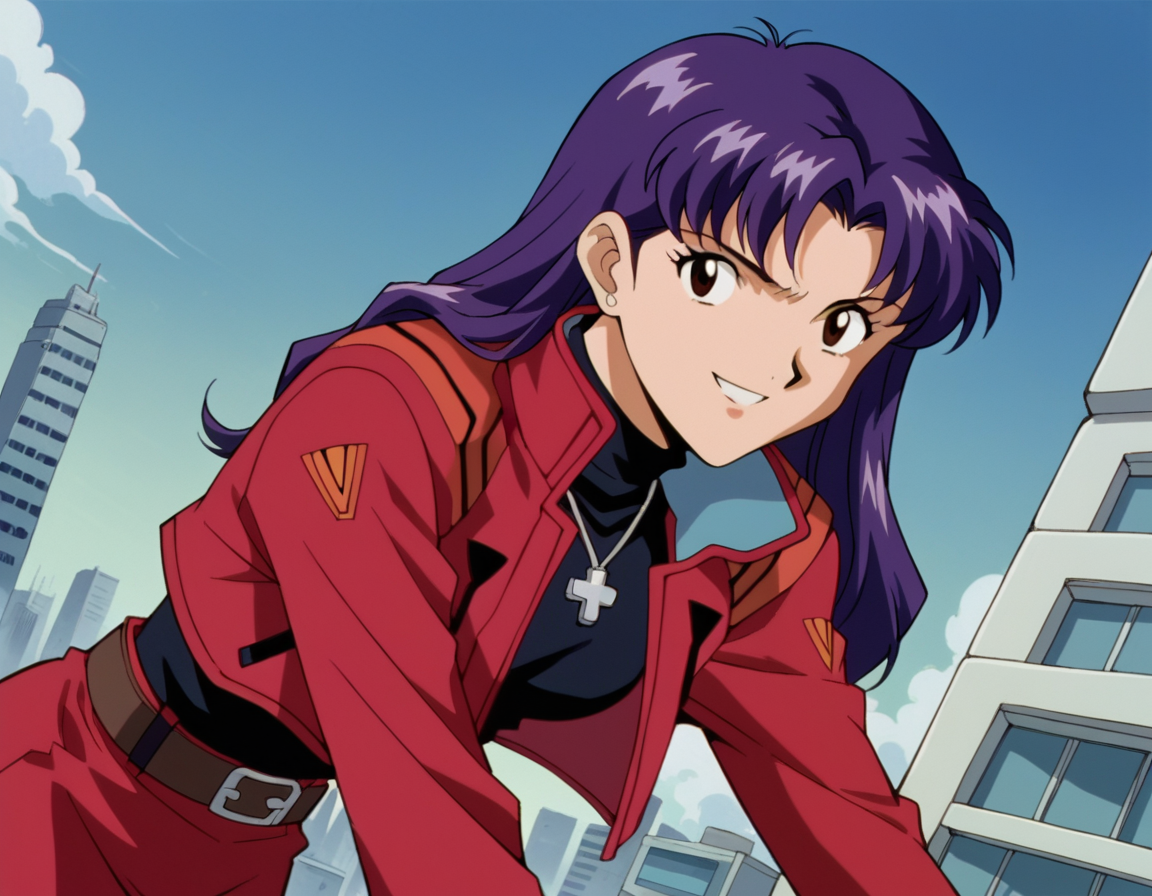 score_9, score_8_up, score_7_up, source_anime,
misatokatsuragi,  <lora:misato-katsuragi-classic-ponyxl-lora-nochekaiser:1>,
misato katsuragi, long hair, brown eyes, purple hair, parted bangs,
skirt, jewelry, jacket, belt, necklace, uniform, cross, red jacket, pencil skirt, cross necklace, red skirt, black shirt, turtleneck, cropped jacket,
outdoors, cityscape, bent over, smile,
cowboy shot, looking at viewer, solo, dutch angle,