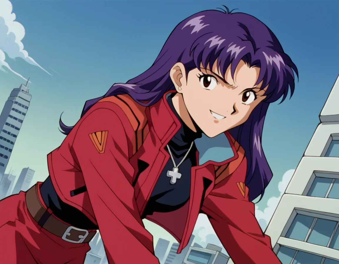 score_9, score_8_up, score_7_up, source_anime,
misatokatsuragi, <lora:misato-katsuragi-classic-ponyxl-lora-nochekaiser:1>,
misato katsuragi, long hair, brown eyes, purple hair, parted bangs,
skirt, jewelry, jacket, belt, necklace, uniform, cross, red jacket, pencil skirt, cross necklace, red skirt, black shirt, turtleneck, cropped jacket,
outdoors, cityscape, bent over, smile,
cowboy shot, looking at viewer, solo, dutch angle,