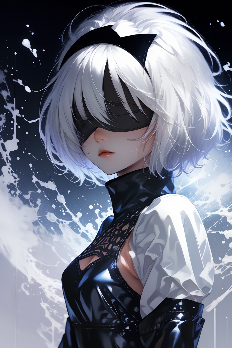 (Illustration:1.3) <lora:2b leotardV2:1> 2b leotard, covered eyes, hair over eyes, white hair, short hair, black hairband, black blindfold, black dress, clothing cutout, white leotard, gloves, black thighhighs, boots,(Muted Colors:1.3),(close portrait:1.3),(Feminine:1.4),(beautiful:1.4),(attractive:1.3),handsome,calendar pose,perfectly detailed eyes,studio lighting,thematic background, <lora:LCM_LoRA_Weights_SD15:1>