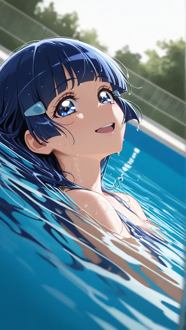 (masterpiece, best quality), safe, amazing quality, very aesthetic, absurdres, highres, newest, HDR, 8K, high detail RAW color art
1girl, solo, aoki reika \(smile precure!\), round teeth, smile, outdoors, pool, lying, on back, wet hair, submerged, partially submerged, from side, high angle, above, dutch angle,