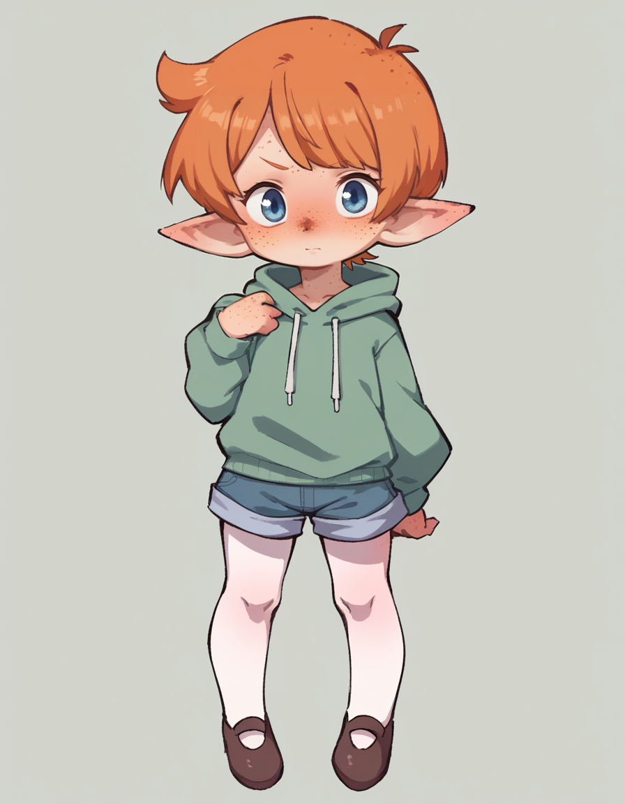 score_9, score_8_up, score_7_up, score_6_up, score_5_up, score_4_up, solo, 1girl, solo,
<lora:Orenji v3:1> orenji, hoodie, shorts, Mary Janes, pantyhose, shortstack, <lora:Popipi_v1:0.6> popipi, (lalafell), blue eyes, dark nose, freckles, orange hair, short hair, pointy ears, swept bangs,