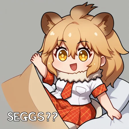score_9, score_8_up, score_7_up, source_anime, Seggs, chibi, open mouth, smile, english text, <lora:Seggs_XLPD:1.1>, lion (kemono friends), blonde hair, animal ears, tail, yellow eyes, long hair, hair between eyes, white shirt, short sleeves, fur collar, red skirt, plaid skirt, red necktie, plaid necktie, thighhighs, breast pocket, white shoes,