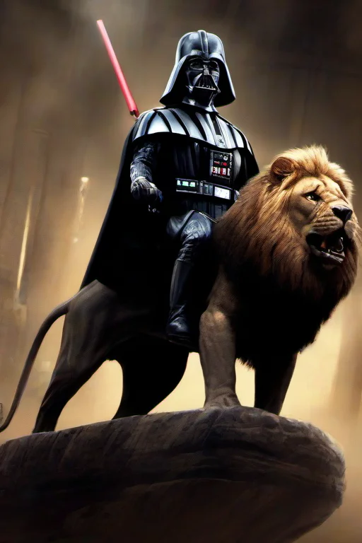 Masterpice,High Quality,
<lora:PE_DarthVader:0.8> PEDarthVader
riding a lion, sitting on a lion