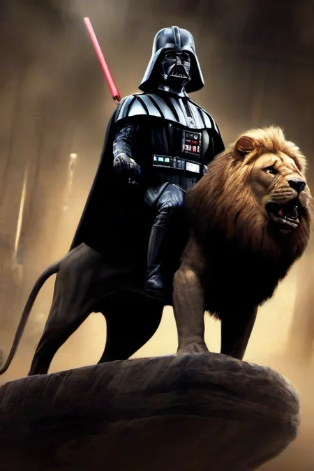 Masterpice,High Quality,
 <lora:PE_DarthVader:0.8> PEDarthVader
riding a lion, sitting on a lion