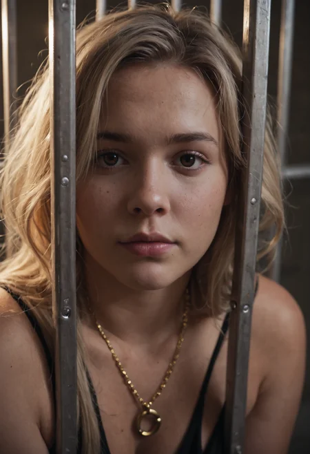 score_9, score_8_up, score_7_up, source_photo, tilted camera angle (Dutch angle), low-key lighting, 1girl, Midlife Late Middle Age, plump, Light Brown skin, Ash Blonde hair, gold trim, prison, extreme close-up of eyes, rating_safe