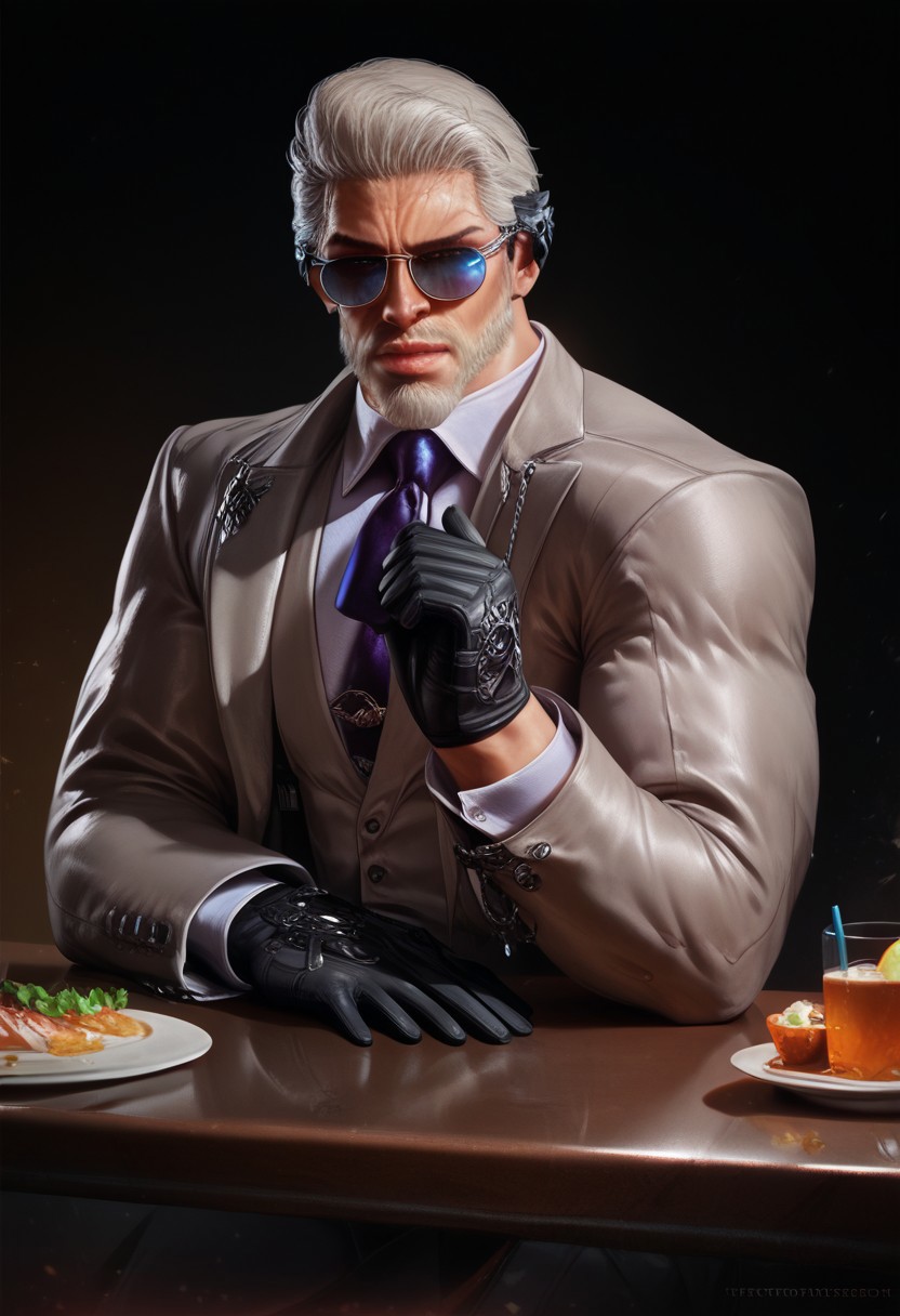 score_9, score_8_up, score_7_up, score_6_up, perfect anatomy, perfect proportions, best quality, masterpiece, high_resolution, high quality, best aesthetic, incredibly absurdres, concept art, digital art, realistic, highres, extremely detailed, huge filesize, mature, male focus, solo male, sitting down on dining table, eating french desserts, (perfect face, perfect eyes:1.2), 1boy, Victor (Tekken), white hair, facial beard, aviator sunglasses, collared shirt, short grey jacket, black leather gloves, muscular, Expressiveh, fancy dining room background