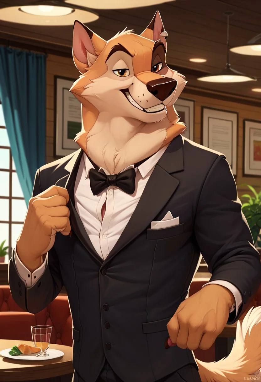 score_9, score_8_up, score_7_up, Kaltag, alaskan malamute, anthro, solo, smile, tuxedo, formal wear, restaurant background, detailed background, high res, ultra quality