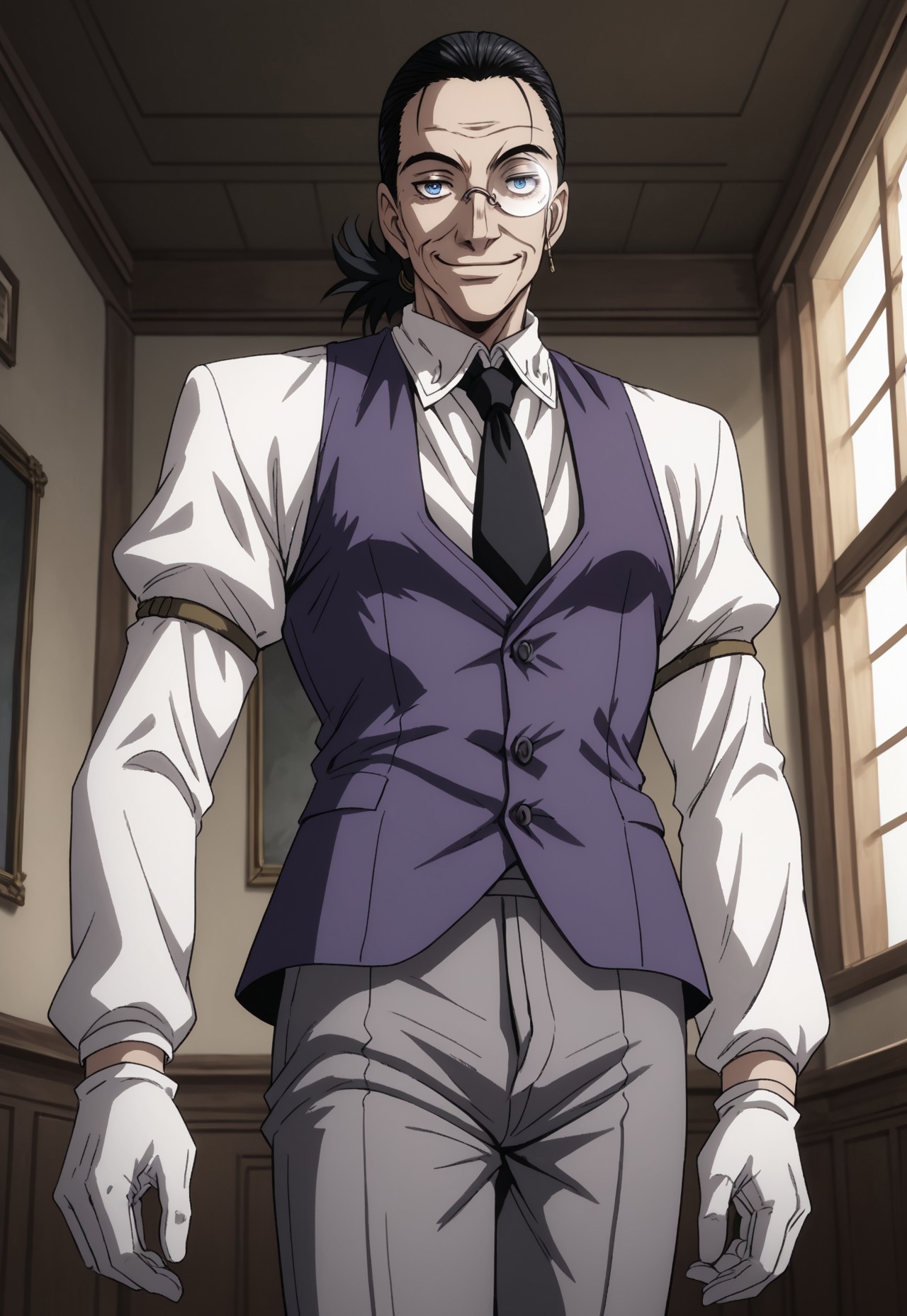 safe_pos, score_9, score_8_up, score_7_up, masterpiece, best quality, OldWalter, male focus, 1boy, wrinkled skin, male, solo, black hair, back slicked ponytail, monocle, round eyewear, white shirt, black necktie, blue vest, white gloves, grey pants, smile, blue eyes, perspective, glowing monocle, butler bowing, day, indoors, manor