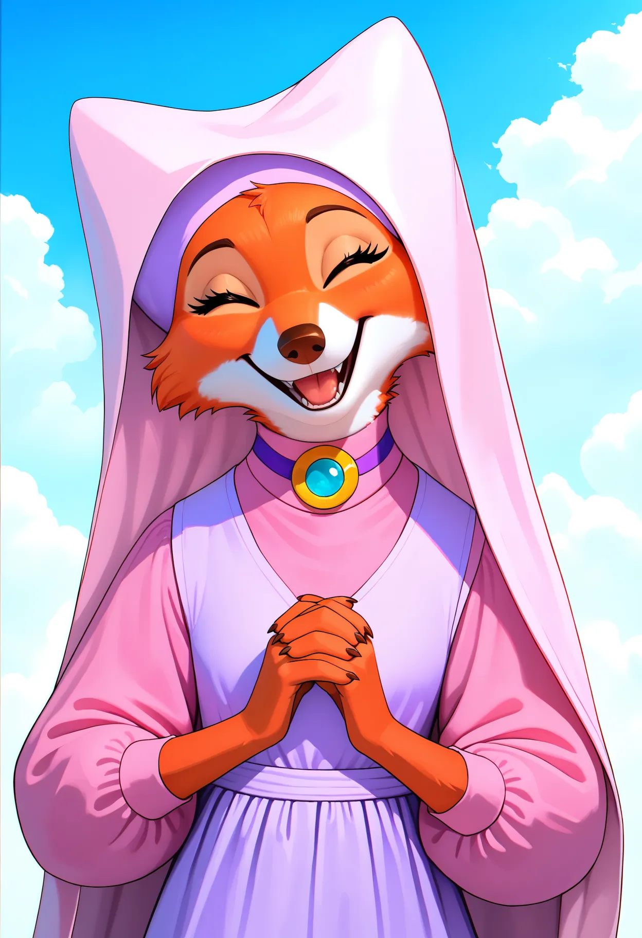 masterpiece, best quality, newest, absurdres, highres, safe, beautiful lighting, detailed, realistic, BREAK,
1girl, solo, marianc, female, orange fur, closed eyes, brown nose, on model, upper body focus, pink wimple, broochc, purple dressc, pink chemisec, happy, open smile, tongue, teeth, own hands together, overcome, excited, head tilt, facing viewer, from front position, overjoyed, joyful, love, in love, no claws, fox, wimple, sky, clouds, sunny,
, <lora:Marian_v10Noob3-9s96:0.8>    <lora:noobai_ep11_stabilizer_v0.138_fp16:0.8>