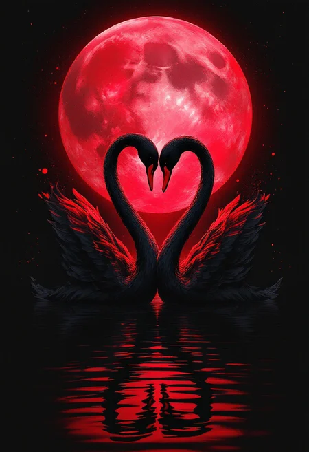 A cinematic illustration of two swans entwined as a heart shape in the still waters of a serene lake. The swans are artfully painted in a striking black and sleek red design. The vibrant red accents draw the eye, creating a bold and eye-catching contrast against the deep, enigmatic black background. The full red moon casts its ethereal glow on the scene, adding to the mystique. The overall effect is a striking conceptual art piece that explores the themes of love, passion, and the unknown.