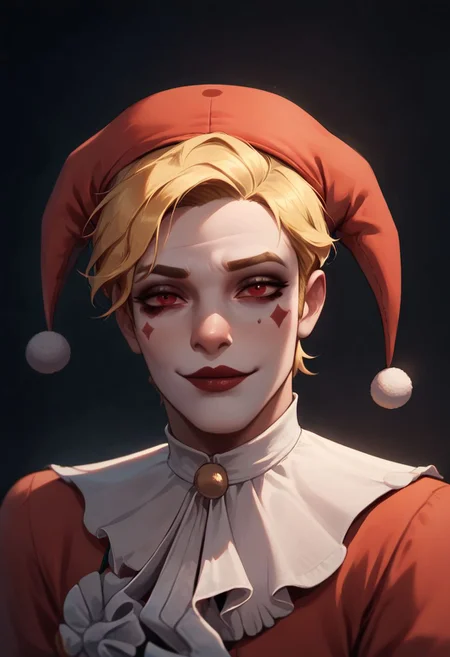 (((beautiful, high quality))), upper Body, score_9, score_8_up, score_7_up,
looking at the viewer, posing,
Clown, Clown makeup, clown costume, colorful clown costume, jester's hat, red clown nose, 1boy, male focus, blonde hair, red eyes,
dark background, blurred background,