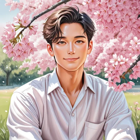 ten9erw4ter, solo, looking at viewer, smile, brown hair, shirt, black hair, 1boy, brown eyes, sitting, white shirt, upper body, flower, male focus, outdoors, day, collared shirt, cherry blossoms, pink flower, realistic, branch