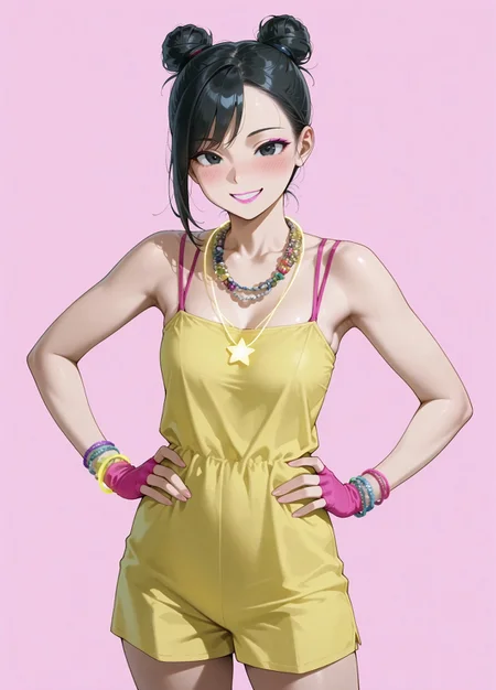 masterpiece, best quality, amazing quality, absurdres, 

Party_Girl, 1girl, black hair, black eyes, double hair bun, pink lipstick , lipstick , side-swept bangs,

neon yellow romper, sleeveless, bra strap, glow necklace, glow bracelets, beaded necklace, pink fingerless gloves, stacked bracelets,

, smile, standing, hands on the hips, cowboy shot, looking at viewer, standing, blush,simple background, pink background,